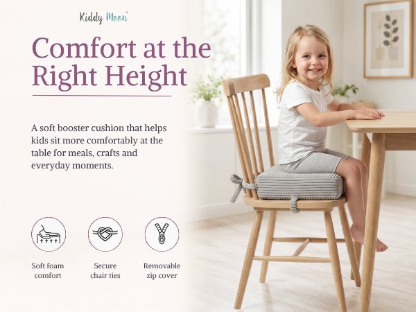 Text reads 'Kiddy Bliss', 'Comfort at the Right Height'. Booster