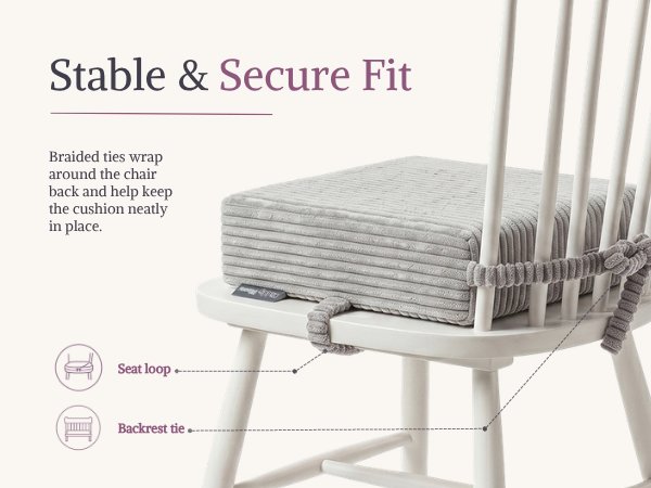 Text reads 'Stable & Secure Fit'. Gray fabric swatch draped