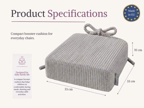 Text reads 'Product Specifications', 'Compact booster cushion', 'Designed for kids