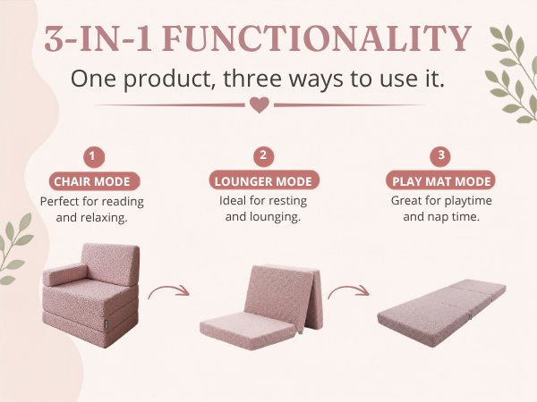 Text reads '3-IN-1 FUNCTIONALITY' with three product views showing armchair