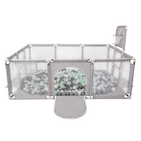 Baby Playpen Big Size Playground with Plastic Balls for Kids, Grey: White/ Grey/ Mint