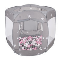 Foldable Play Pen Tent Pop Up 120x100x85cm with Balls 6cm For Kids, Grey:  White/ Grey/ Light Pink