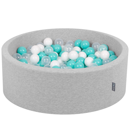 KiddyMoon Baby Foam Ball Pit with Balls 7cm /  2.75in Certified made in EU, Light Grey: Light Turquoise/ White/ Transparent