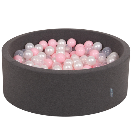 KiddyMoon Baby Foam Ball Pit with Balls 7cm /  2.75in Made in EU, Dark Grey: Light Pink/ Pearl/ Transparent