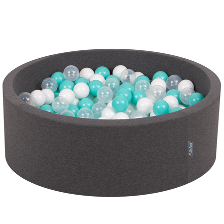 KiddyMoon Baby Foam Ball Pit with Balls 7cm /  2.75in Made in EU, Dark Grey: Light Turquoise/ White/ Transparent