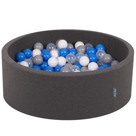 KiddyMoon Baby Foam Ball Pit with Balls 7cm /  2.75in Made in EU, Dark Grey: White/ Blue/ Transparent