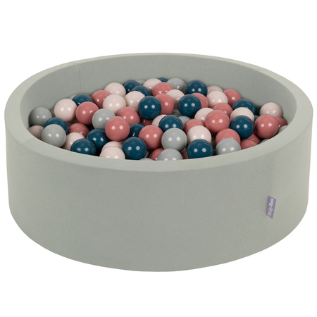 KiddyMoon Baby Foam Ball Pit with Balls 7cm /  2.75in, Sage:  Dark Turquoise/ Pastel Beige/ Green-Grey/  Salmon