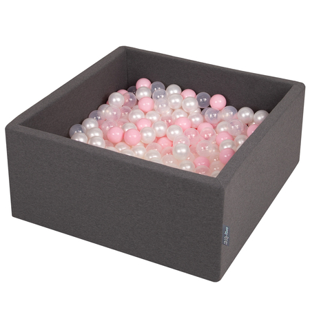 KiddyMoon Baby Foam Ball Pit with Balls 7cm /  2.75in Square, Dark Grey: Light Pink/ Pearl/ Transparent