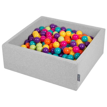 KiddyMoon Baby Foam Ball Pit with Balls 7cm /  2.75in Square, Light Grey: L Green/ Yellow/ Turq/ Orange/ Dpink/ Purple