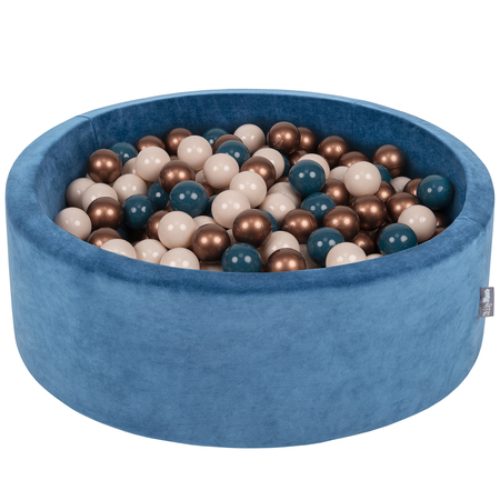 KiddyMoon Baby Foam Velvet Ball Pit with Balls 7cm/ 2.75in Certified, Velour Turquoise: Dark Turquoise/ Pastel Beige/ Copper