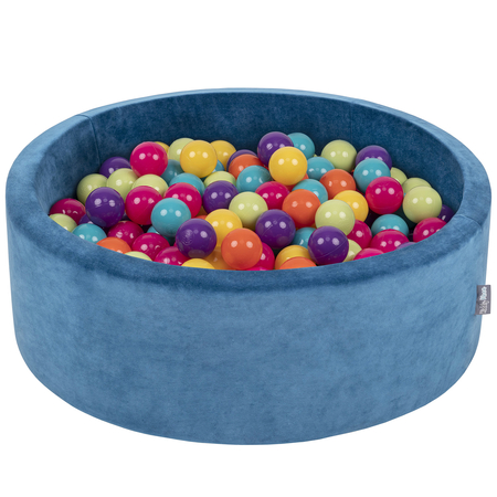 KiddyMoon Baby Foam Velvet Ball Pit with Balls 7cm/ 2.75in Certified, Velour Turquoise: Light Green/ Yellow/ Turquoise/ Orange/ Dark Pink/ Purple