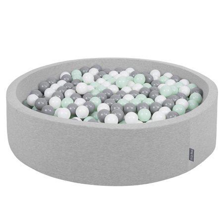 KiddyMoon Foam Ballpit Big Round with Plastic Balls, Certified Made In, Light Grey: White-Grey-Mint