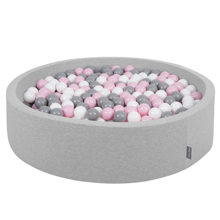 KiddyMoon Foam Ballpit Big Round with Plastic Balls, Certified Made In, Light Grey: White-Grey-Powderpink