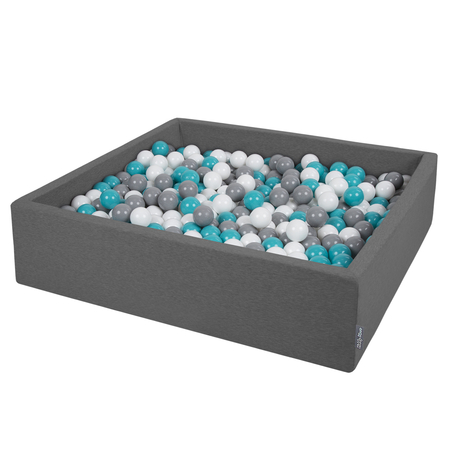 KiddyMoon Foam Ballpit Big Square with Plastic Balls, Certified Made In, Dark Grey: Grey-White-Turquoise