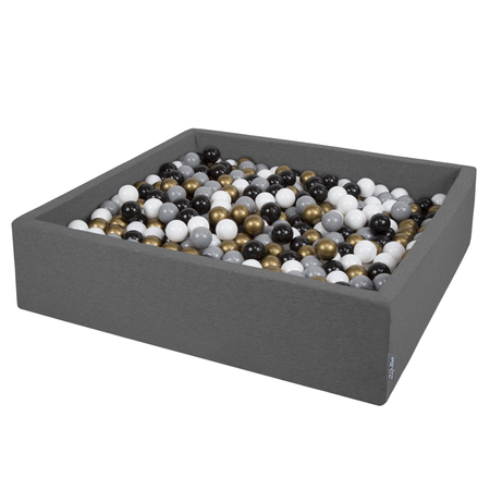 KiddyMoon Foam Ballpit Big Square with Plastic Balls, Certified Made In, Dark Grey: White-Grey-Black-Gold