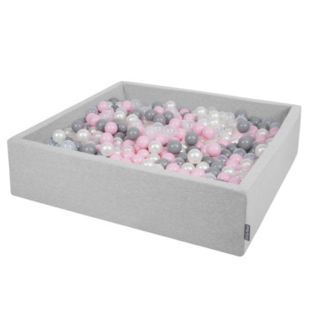 KiddyMoon Foam Ballpit Big Square with Plastic Balls, Certified Made In, Light Grey: Pearl-Grey-Transparent-Powder Pink
