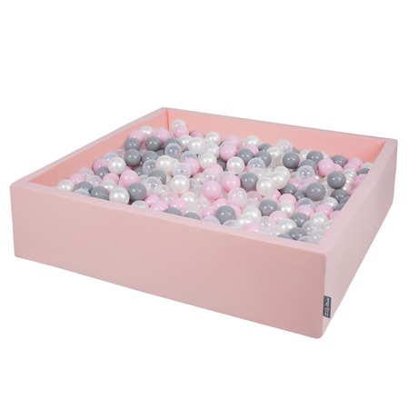 KiddyMoon Foam Ballpit Big Square with Plastic Balls, Certified Made In, Pink: Pearl-Grey-Transparent-Powder Pink