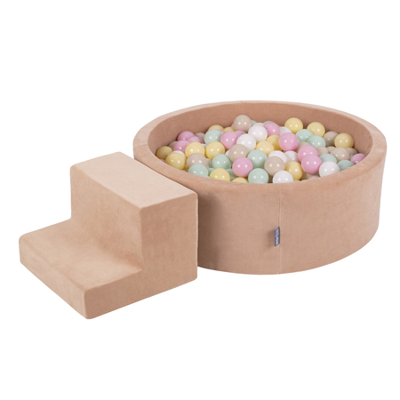 KiddyMoon Foam Playground Velvet for Kids with Round Ballpit (7cm/ 2.75In) Soft Obstacles Course and Ball Pool, Certified Made In The EU, Desert Pink: Pastel Beige/ Pastel Yellow/ White/ Mint/ Powder Pink