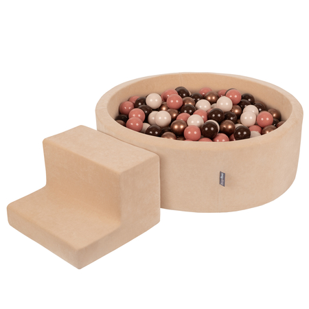 KiddyMoon Foam Playground Velvet for Kids with Round Ballpit (7cm/ 2.75In) Soft Obstacles Course and Ball Pool, Certified Made In The EU, Sand Beige:  Brown/ Copper/ Pastel Beige/ Salmon