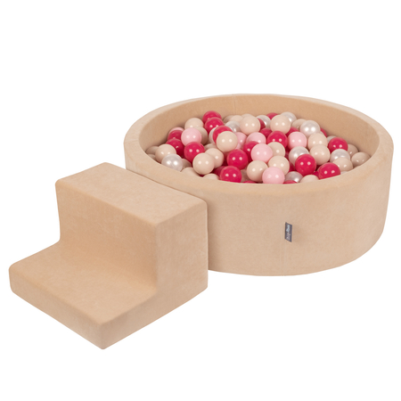 KiddyMoon Foam Playground Velvet for Kids with Round Ballpit (7cm/ 2.75In) Soft Obstacles Course and Ball Pool, Certified Made In The EU, Sand Beige:  Pastel Beige/ Powder Pink/ Pearl/ Dark Pink