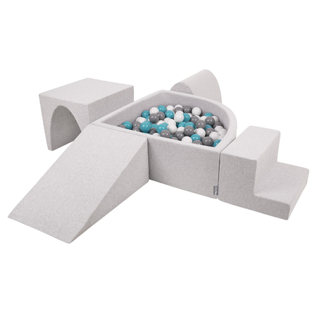 KiddyMoon Foam Playground for Kids with Quarter Angular Ballpit and Balls, Lightgrey: Grey/ White/ Turquoise