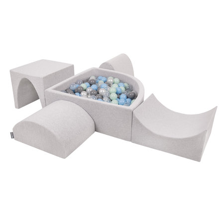 KiddyMoon Foam Playground for Kids with Quarter Angular Ballpit and Balls, Lightgrey: Pearl/ Grey/ Transparent/ Babyblue/ Mint