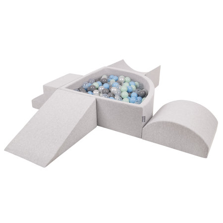 KiddyMoon Foam Playground for Kids with Quarter Angular Ballpit and Balls, Lightgrey: Pearl/ Grey/ Transparent/ Babyblue/ Mint