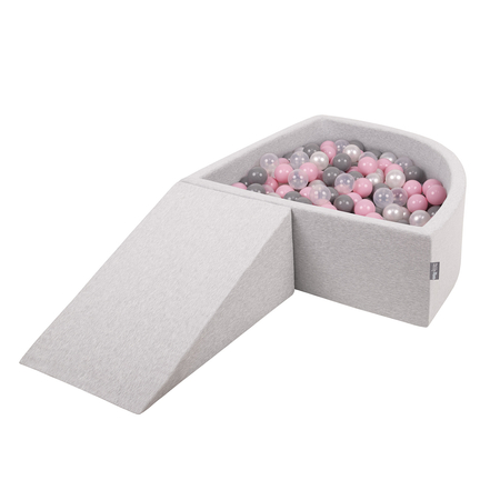 KiddyMoon Foam Playground for Kids with Quarter Angular Ballpit and Balls, Lightgrey: Pearl/ Grey/ Transparent/ Powderpink