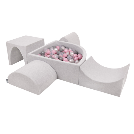 KiddyMoon Foam Playground for Kids with Quarter Angular Ballpit and Balls, Lightgrey: Pearl/ Grey/ Transparent/ Powderpink