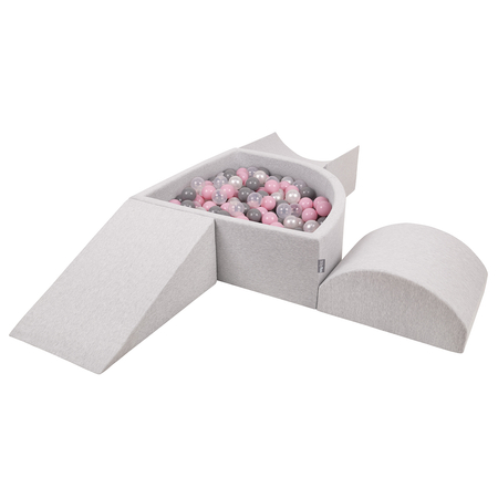 KiddyMoon Foam Playground for Kids with Quarter Angular Ballpit and Balls, Lightgrey: Pearl/ Grey/ Transparent/ Powderpink