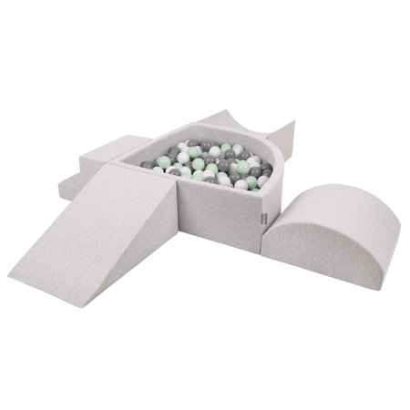 KiddyMoon Foam Playground for Kids with Quarter Angular Ballpit and Balls, Lightgrey: White/ Grey/ Mint