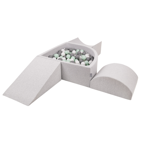 KiddyMoon Foam Playground for Kids with Quarter Angular Ballpit and Balls, Lightgrey: White/ Grey/ Mint