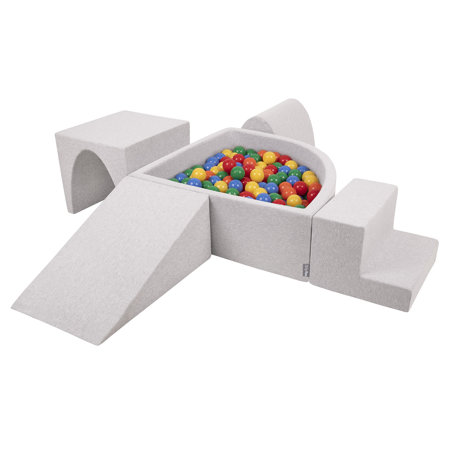 KiddyMoon Foam Playground for Kids with Quarter Angular Ballpit and Balls, Lightgrey: Yellow/ Green/ Blue/ Red/ Orange