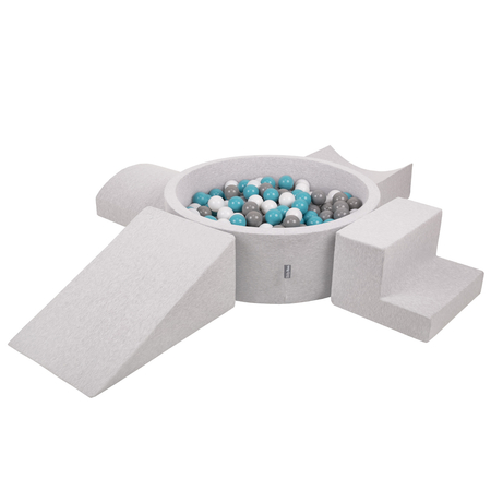 KiddyMoon Foam Playground for Kids with Round Ballpit ( 7cm/ 2.75In) Soft Obstacles Course and Ball Pool, Certified Made In The EU, Lightgrey: Grey/ White/ Turquoise