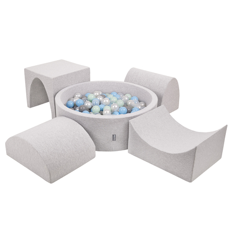 KiddyMoon Foam Playground for Kids with Round Ballpit ( 7cm/ 2.75In) Soft Obstacles Course and Ball Pool, Certified Made In The EU, Lightgrey: Pearl/ Grey/ Transparent/ Babyblue/ Mint