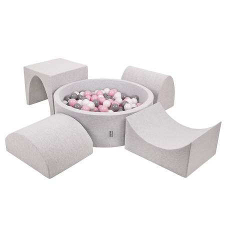 KiddyMoon Foam Playground for Kids with Round Ballpit ( 7cm/ 2.75In) Soft Obstacles Course and Ball Pool, Certified Made In The EU, Lightgrey: White/ Grey/ Powderpink