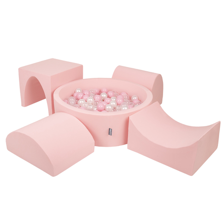 KiddyMoon Foam Playground for Kids with Round Ballpit ( 7cm/ 2.75In) Soft Obstacles Course and Ball Pool, Certified Made In The EU, Pink: Powder Pink/ Pearl/ Transparent