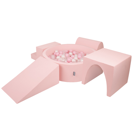 KiddyMoon Foam Playground for Kids with Round Ballpit ( 7cm/ 2.75In) Soft Obstacles Course and Ball Pool, Certified Made In The EU, Pink: Powder Pink/ Pearl/ Transparent