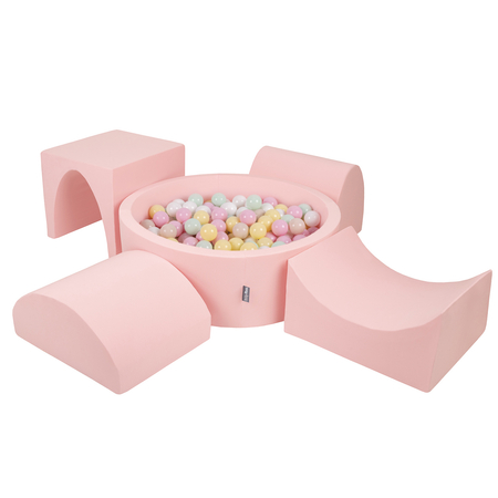 KiddyMoon Foam Playground for Kids with Round Ballpit ( ∅ 7cm/2.75In) Soft Obstacles Course and Ball Pool, Certified Made In The EU, pink:pink:pastel beige/pastel yellow/white/mint/powder pink, Ballpit (300 Balls) + Version 1