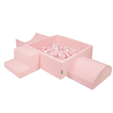 KiddyMoon Foam Playground for Kids with Square Ballpit ( 7cm/ 2.75In) Soft Obstacles Course and Ball Pool, Certified Made In The EU, Pink: Powder Pink/ Pearl/ Transparent