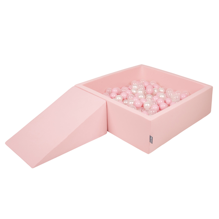 KiddyMoon Foam Playground for Kids with Square Ballpit ( ∅ 7cm/2.75In) Soft Obstacles Course and Ball Pool, Certified Made In The EU, pink:powder pink/pearl/transparent, Ballpit (100 Balls) + Wedge