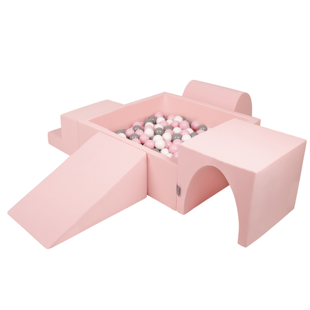 KiddyMoon Foam Playground for Kids with Square Ballpit ( ∅ 7cm/2.75In) Soft Obstacles Course and Ball Pool, Certified Made In The EU, pink:white/grey/powder pink, Ballpit (200 Balls) + Version 3