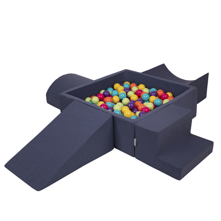 KiddyMoon Foam Playground for Kids with Square Ballpit, Darkblue: Lgreen/ Yellow/ Turquoi/ Orange/ Dpink/ Purple