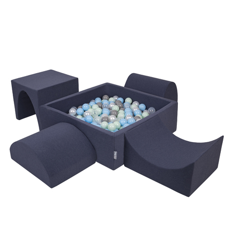 KiddyMoon Foam Playground for Kids with Square Ballpit, Darkblue: Pearl/ Grey/ Transparent/ Babyblue/ Mint