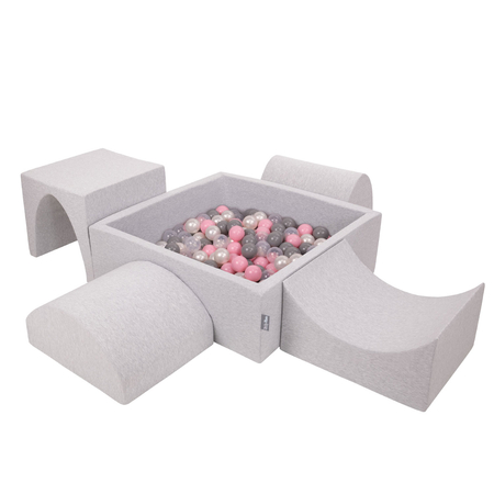 KiddyMoon Foam Playground for Kids with Square Ballpit, Lightgrey: Pearl/ Grey/ Transparent/ Powderpink