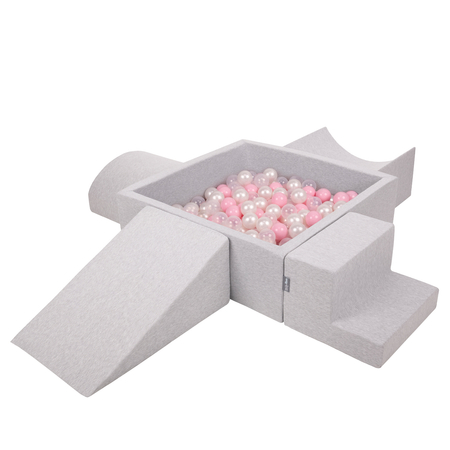 KiddyMoon Foam Playground for Kids with Square Ballpit, Lightgrey: Powderpink/ Pearl/ Transparent