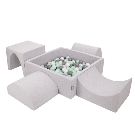 KiddyMoon Foam Playground for Kids with Square Ballpit, Lightgrey: White/ Grey/ Mint