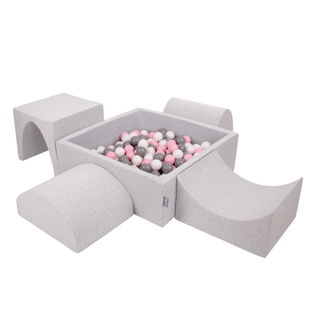 KiddyMoon Foam Playground for Kids with Square Ballpit, Lightgrey: White/ Grey/ Powderpink