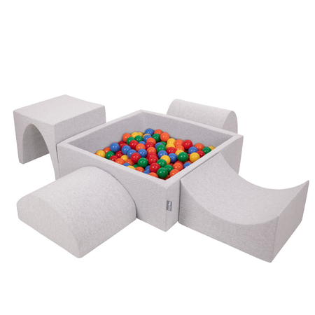 KiddyMoon Foam Playground for Kids with Square Ballpit, Lightgrey: Yellow/ Green/ Blue/ Red/ Orange