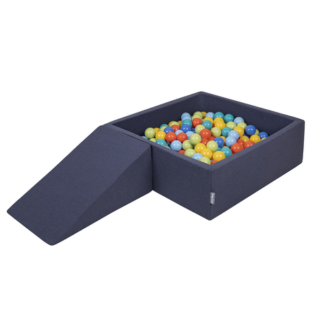 KiddyMoon Foam Playground for Kids with Square Ballpit and Balls, Darkblue: Lgreen/ Orange/ Turquoise/ Blue/ Bblue/ Yellow